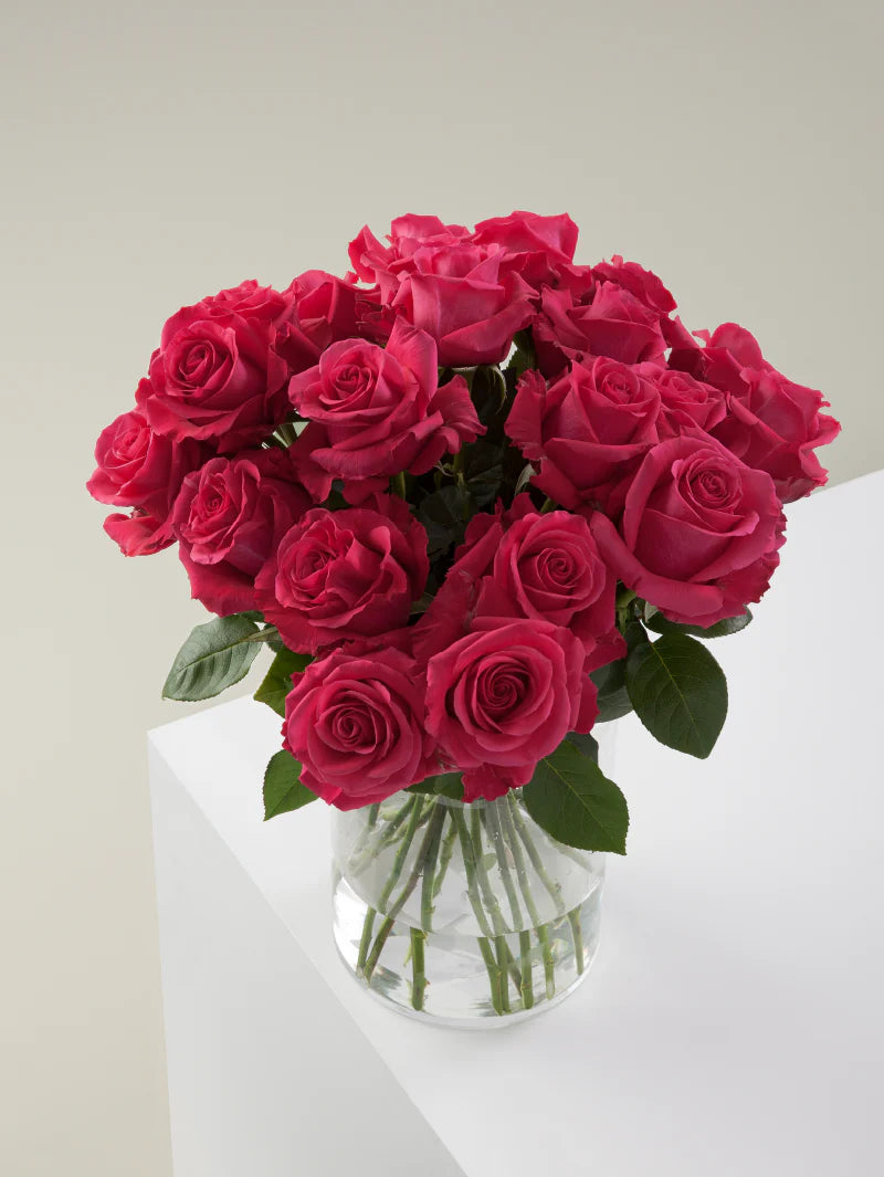 Bouquet of hot pink roses arranged in a glass vase on a light background.
#color_hotpink