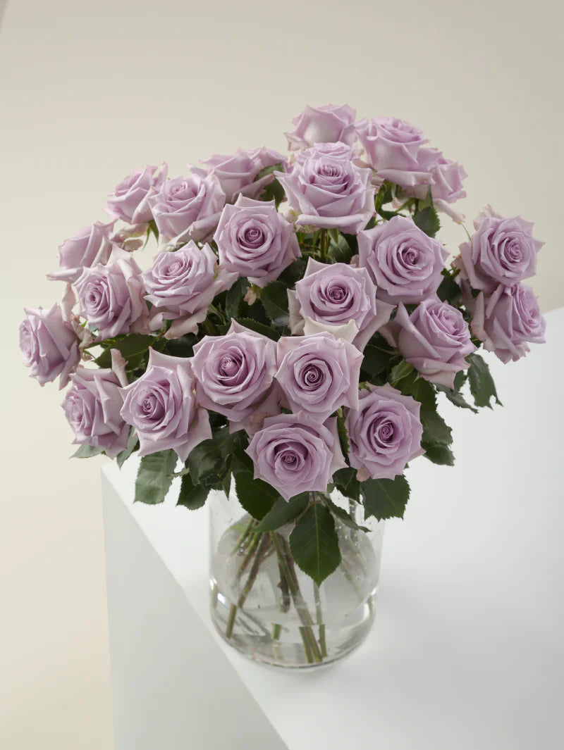 Bouquet of lavender roses arranged in a glass vase on a light background.
#color_lavender