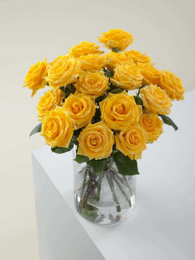 Bouquet of yellow roses arranged in a glass vase on a light background.
#color_yellow