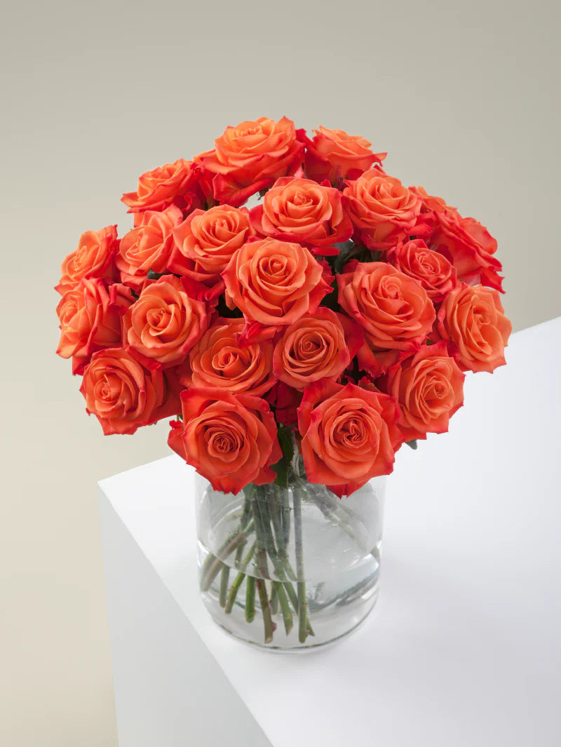 Bouquet of orange roses arranged in a glass vase on a light background.

#color_orange