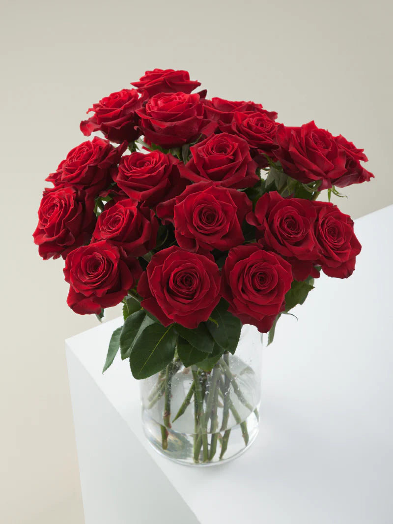 Bouquet of red roses arranged in a glass vase on a light background.

#color_red